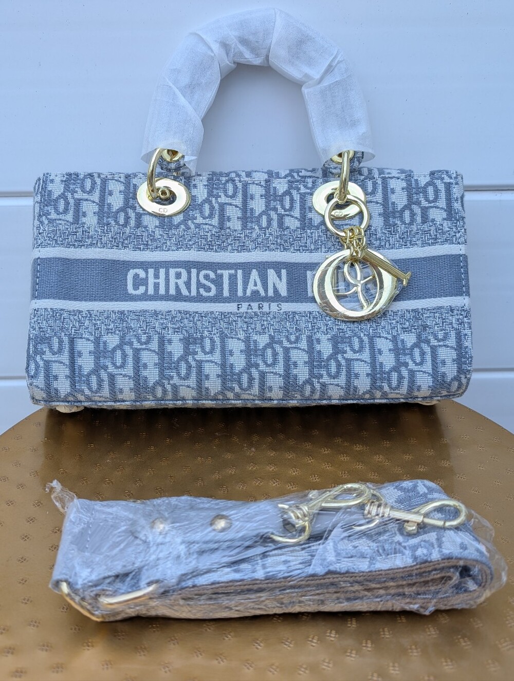Christian Dior Gray Book Tote, Lady Bag with Gold Hardware